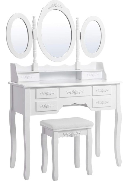 3 Aynalı ve Tabureli Tuvalet Masası, 7 Çekmece, Eğim Koruması, Lüks, 145 x 90 x 40 Cm, Beyaz RDT91W
