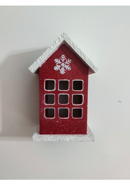 ,ahşap Kırmızı Dekoratif Mini Ev Pencere Kış Temalı, Kar Desenli, Yılbaşı Noel Süsü, , LED Mumla Aydınlatılan Masa ve Duvar Dekoru