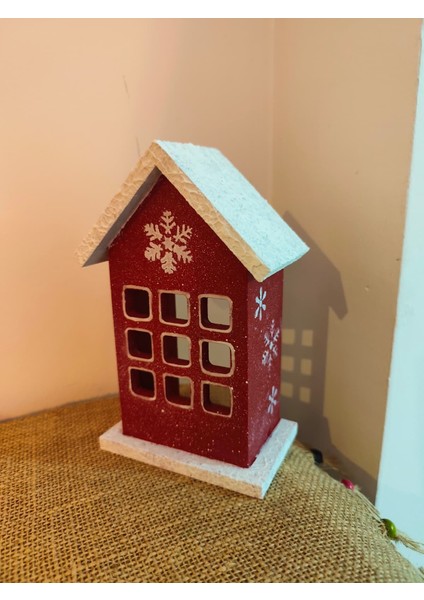,ahşap Kırmızı Dekoratif Mini Ev Pencere Kış Temalı, Kar Desenli, Yılbaşı Noel Süsü, , LED Mumla Aydınlatılan Masa ve Duvar Dekoru modelleri