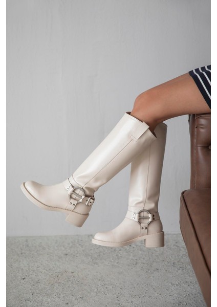 Legend Kadın Kemer Detay Binici Deri Çizme Bej