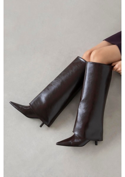 Zack Kadın Tozluk Detay Kırışık Deri Çizme Kahve