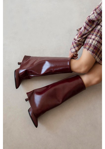 Adelin Kadın Tozluk Detay Kırışık Deri Çizme Bordo