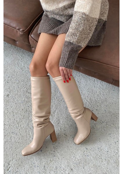 Clara Kadın Küt Burun Körüklü Deri Çizme Ten