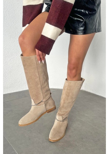 Scott Kadın Aksesuar Detay Hakiki Deri Süet Çizme Bej fiyatları