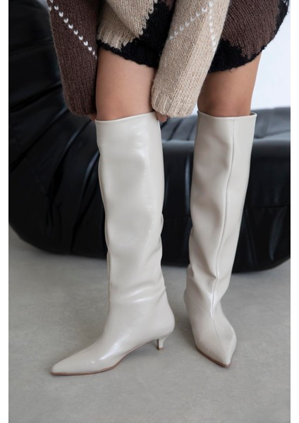 Miranda Kadın Pino Ökçe Kırışık Deri Çizme Bej