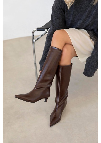 Ella Kadın Kırışık Deri Çizme Kahve