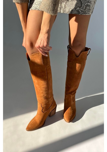 Nemy Kadın Sivri Burun Hakiki Süet Deri Çizme Taba