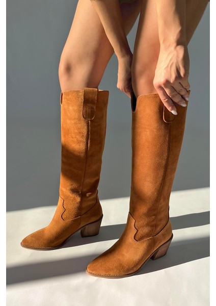 Nemy Kadın Sivri Burun Hakiki Süet Deri Çizme Taba modelleri
