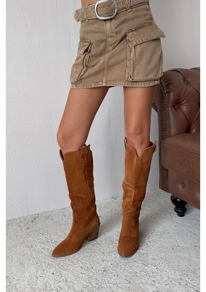 Nemy Kadın Sivri Burun Hakiki Süet Deri Çizme Taba indirimleri