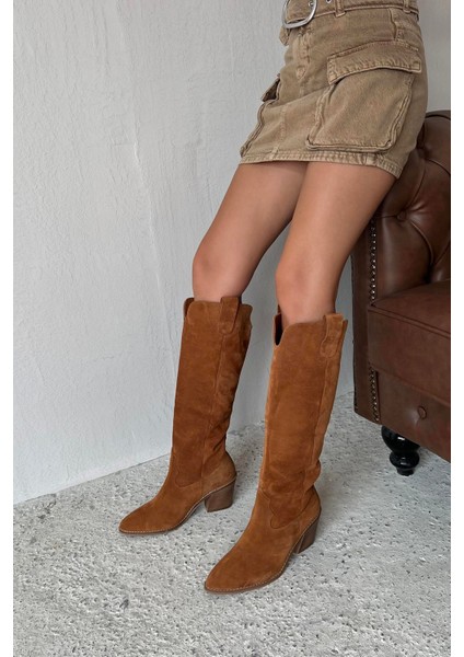 Nemy Kadın Sivri Burun Hakiki Süet Deri Çizme Taba