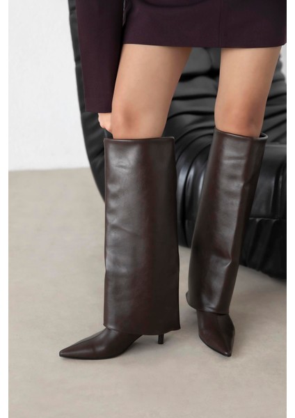 Zack Kadın Tozluk Detay Deri Çizme Kahve