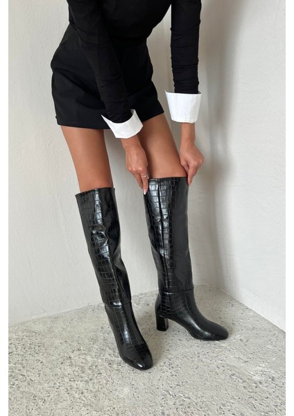 Moscow Kadın Topuklu Kroko Çizme Siyah fiyatları