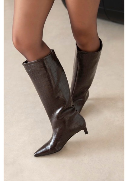 Ella Kadın Kroko Deri Çizme Kahve