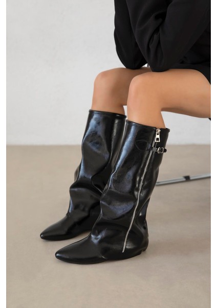 Lotus Kadın Fermuar Detay Deri Çizme Siyah