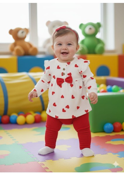 Kız Bebek Kalp Desenli Fiyonklu 2'li Takım