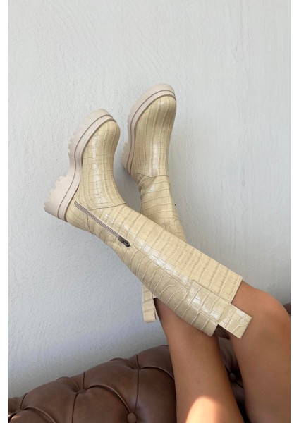 Romee Kadın Fermuar Detay Kroko Çizme Bej modelleri