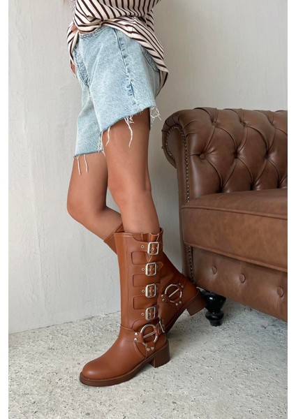 Kimberly Kadın Aksesuar Detay Deri Çizme Taba modelleri