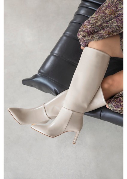 Nadia Kadın Kırışık Deri Çizme Bej
