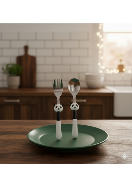 Mini Panda Çocuk Çatal Kaşık Bıçak Takımı 2 Parça