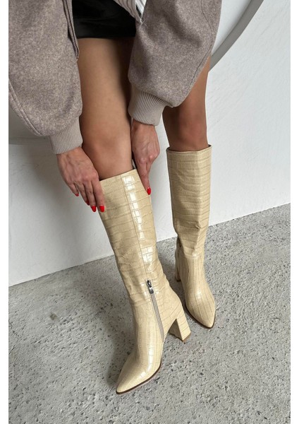 Sawyer Kadın Sivri Burun Kroko Çizme Bej fiyatları