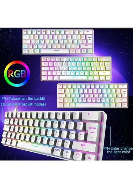 Trol Red Switch Mini Rgb Oyun Klavyesi Gaming Mekanik 62 Tuşlu 18 Rgb LED USB Tip-C Kablosu Beyaz fırsatları
