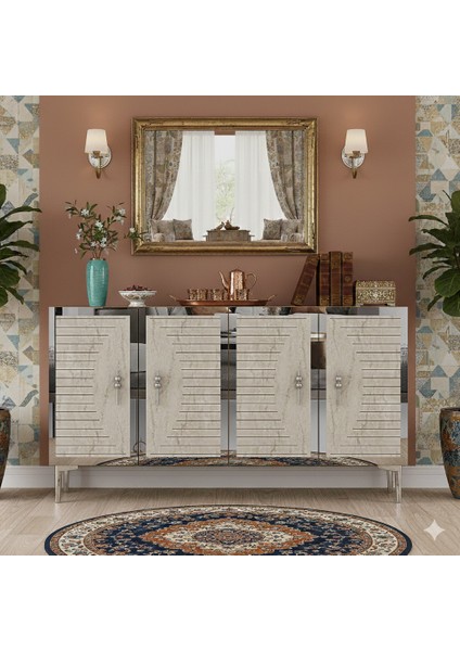 KA1207BTS- Tuna Konsol , Tv Sehpası ve Kahve Köşesi 120CM Beyaz-Traverten-Silver