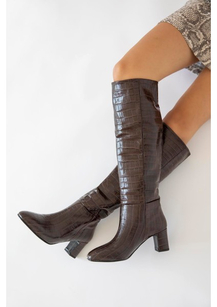 Moscow Kadın Topuklu Kroko Çizme Kahve
