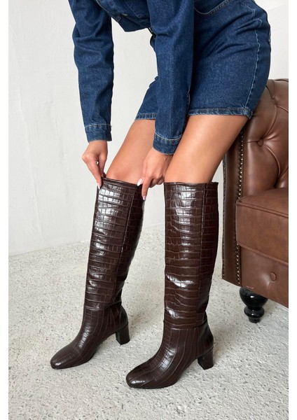 Moscow Kadın Topuklu Kroko Çizme Kahve modelleri
