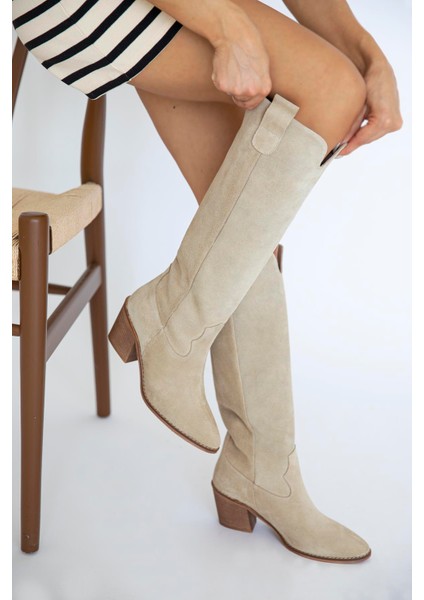 Nemy Kadın Sivri Burun Hakiki Süet Deri Çizme Bej