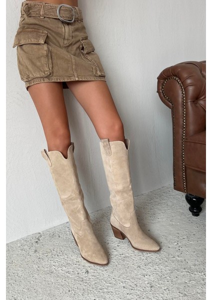 Nemy Kadın Sivri Burun Hakiki Süet Deri Çizme Bej fiyatları