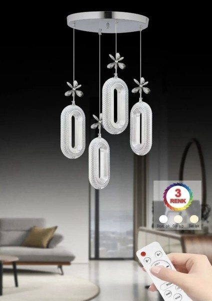4'li Krom Kaplama Sarkıt Kumandalı LED Salon Avize 3 Renk Ledli