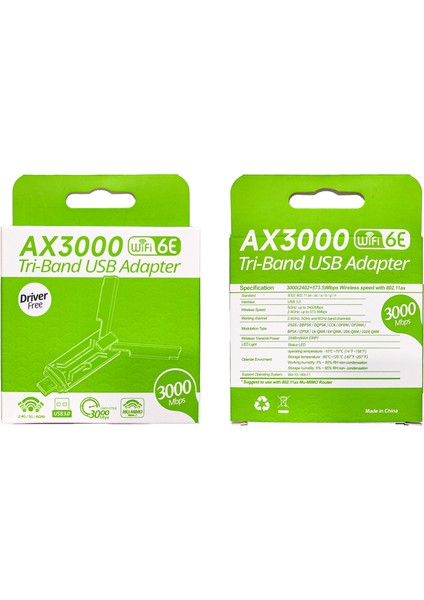 AX3000 Wifi 6e Tri-Band USB Adaptör – 2.4 / 5 / 6 Ghz, USB 3.0, 3000 Mbps, Driver Free fiyatları