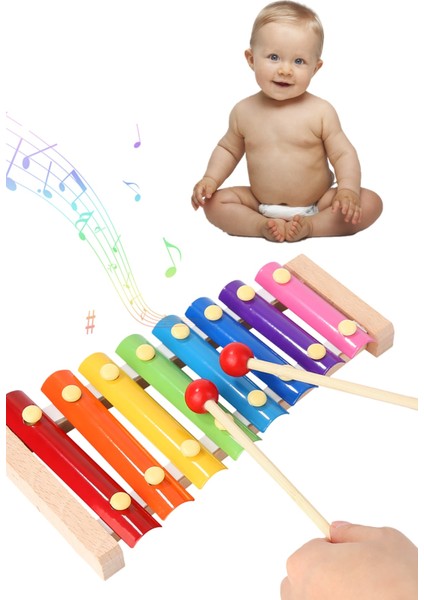 Renkli Ahşap Bebek Müzik Aleti, 8 Nota, 8 Ton, 8 Tuşlu Ksilofon
