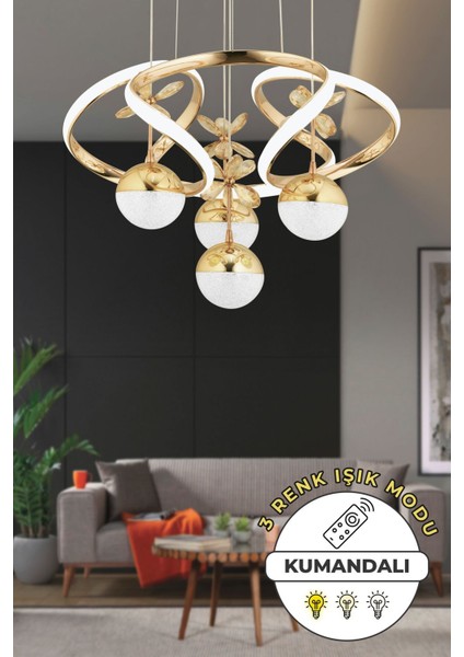 Octavia Kumandalı 3 Renk Işık Özellikli Modern Gold Kaplama Sarkıt LED Avize Salon Avize