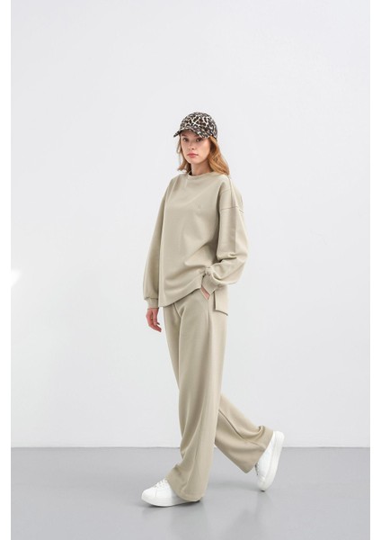 Haki Kadın Oversize Pike Dokulu Bol Paça Alt-Üst Takım