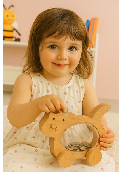 Doğal Ahşap Kedi Figürlü Döner Tekerlekli Dekoratif Kumbara, Boyanabilir, Şık Tasarım