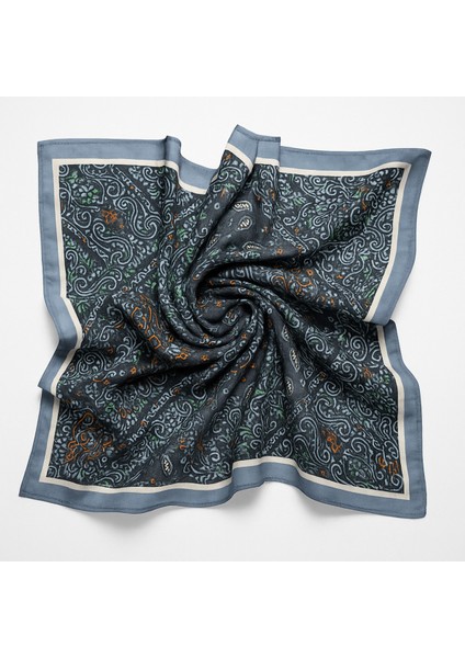 Kadın Siyah Gri Kenarlı Soft Saten Etnik Desenli Kare Eşarp