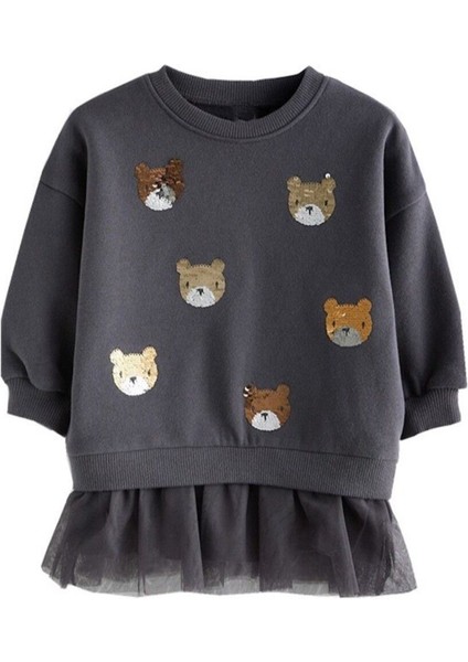 Payetli Pullu Tüllü Koyu Gri Teddy Şirin Kız Çocuk Sweatshirt