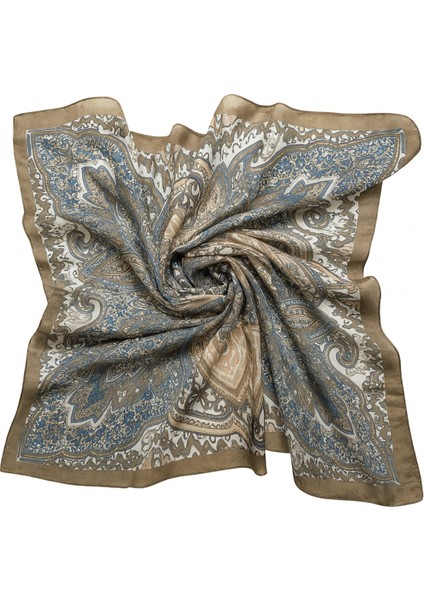 Kadın Kahverengi Mavi Etnik Desenli Soft Saten Kare Eşarp