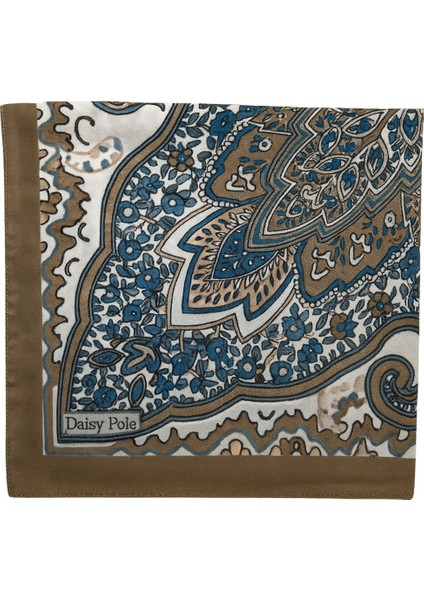 Kadın Kahverengi Mavi Etnik Desenli Soft Saten Kare Eşarp fiyatları