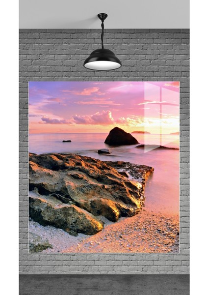 Muhteşem Sahil ve Gün Batımı Temperli Cam Üzerine Tablo Sevgilinize Yılbaşı