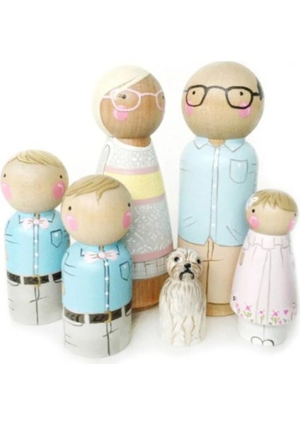 Çocuklar Için Renkli Ahşap Peg Aile Boyama Seti, Fırça ve Bebek Figürleri