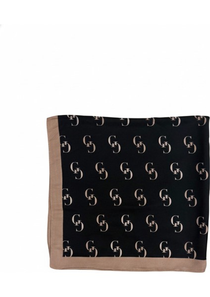 Kadın Logolu Desenli Siyah Eşarp – Bej Çerçeveli Kare Model