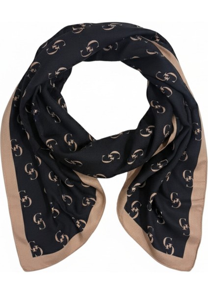 Kadın Logolu Desenli Siyah Eşarp – Bej Çerçeveli Kare Model fiyatları