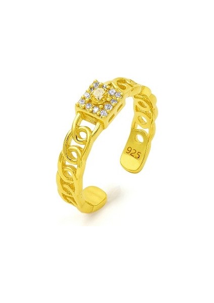 925 Ayar Zincir Işıltısı Sitrin Taşı Ayarlanabilir Kadın Yüzük