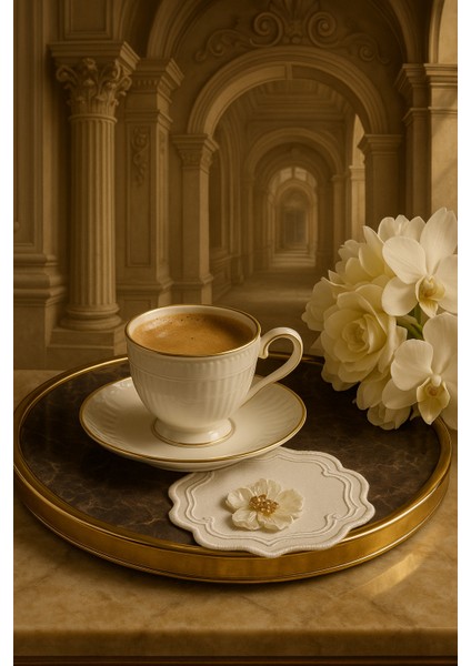 Inci Beyazı Çiçekli Premium Kahve Sunum Peçetesi – El Işçiliği