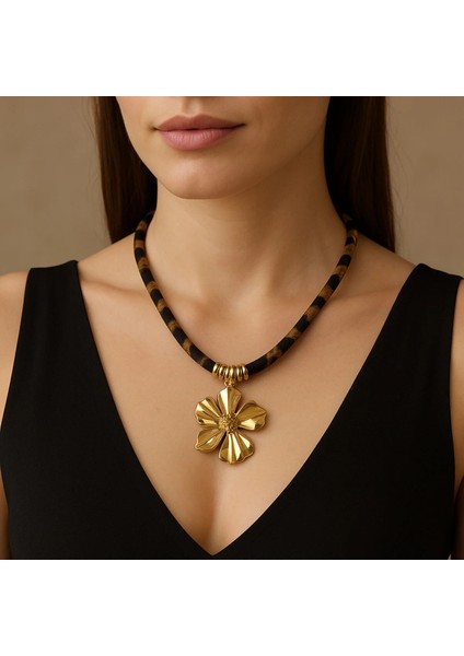 Leopar Kumaş Özel Tasarım Çiçek Kolye