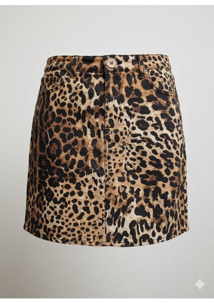 Kadın Leopar Desenli Denim Mini Kot Etek indirimleri
