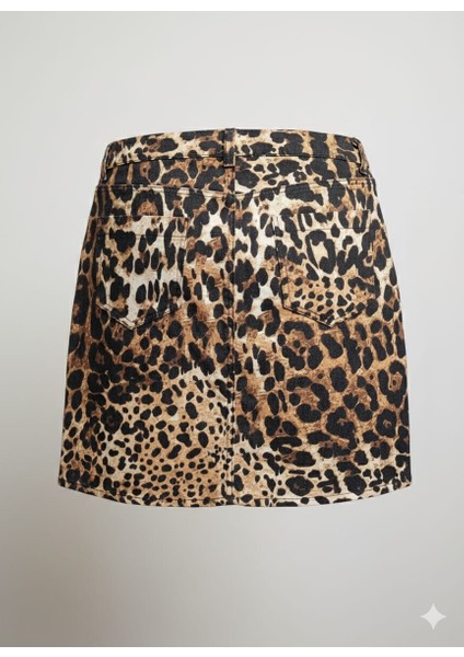 Kadın Leopar Desenli Denim Mini Kot Etek