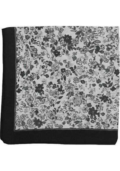 Kadın Siyah Gri Çiçek Desenli Eşarp – Siyah Bordürlü Zarif Tasarım